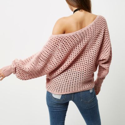 Pink mesh knit off shoulder batwing jumper